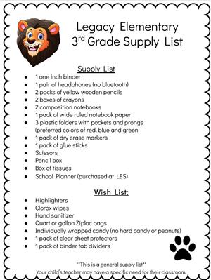 3rd grade supply list